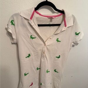 Lilly Pulitzer White Polo Shirt with Green gator Embroidery